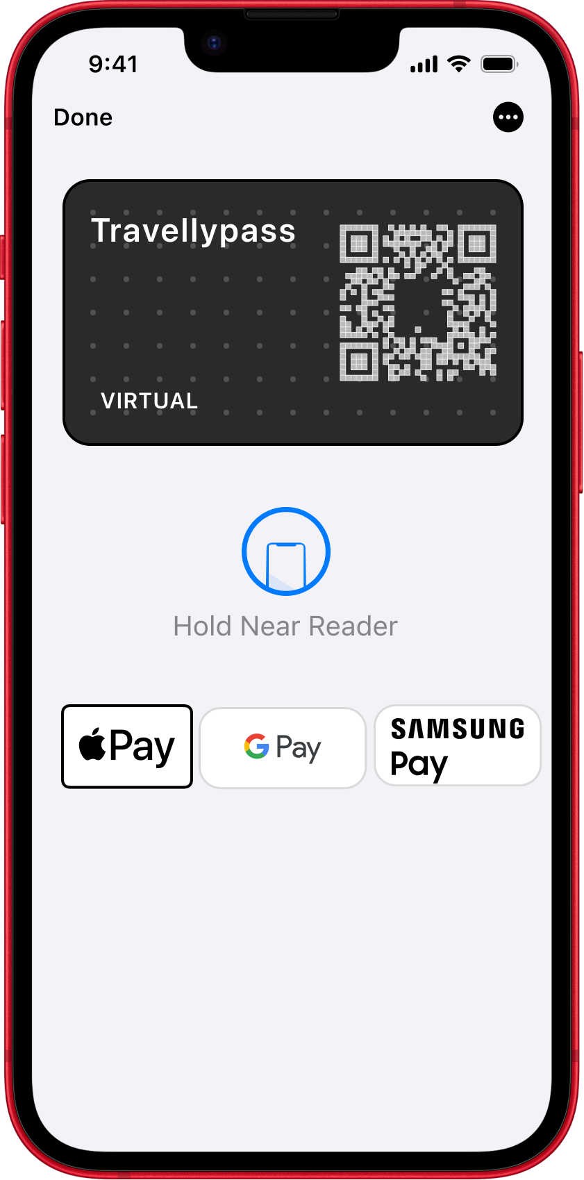 Travellypass mobile app showing QR code and payment options